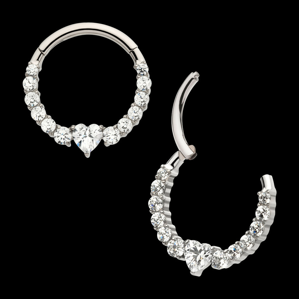 Clustered Prong Set Round CZ with Center Heart CZ Front Facing Hinged Segment Clicker Hoop Earring / Nosering – Titanium