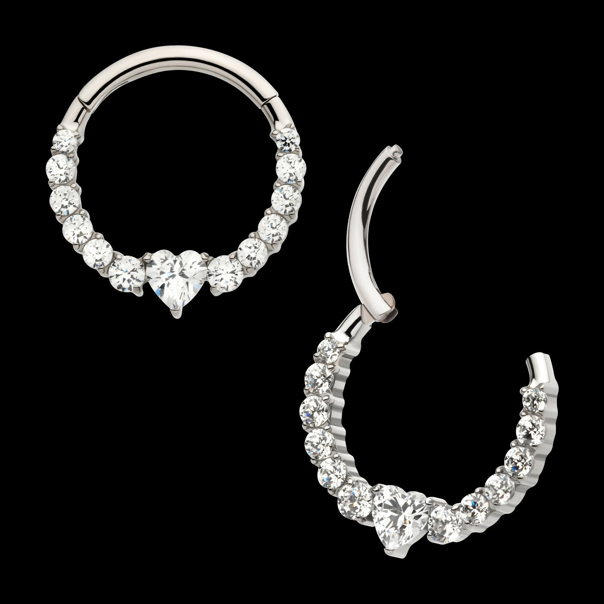 Clustered Prong Set Round CZ with Center Heart CZ Front Facing Hinged Segment Clicker Hoop Earring / Nosering – Titanium