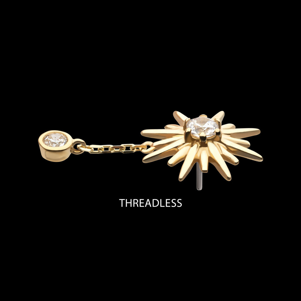 14Kt Gold Threadless Double Prong Set CZ Sunburst with Dangle Chain Top