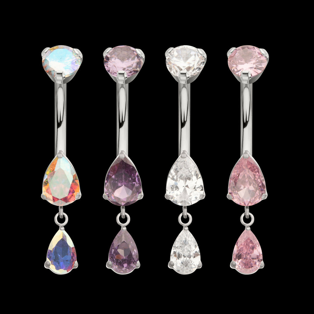 Internally Threaded Double Dangle Prong Set Teardrop Gem Navel Earring / Nosering – Titanium