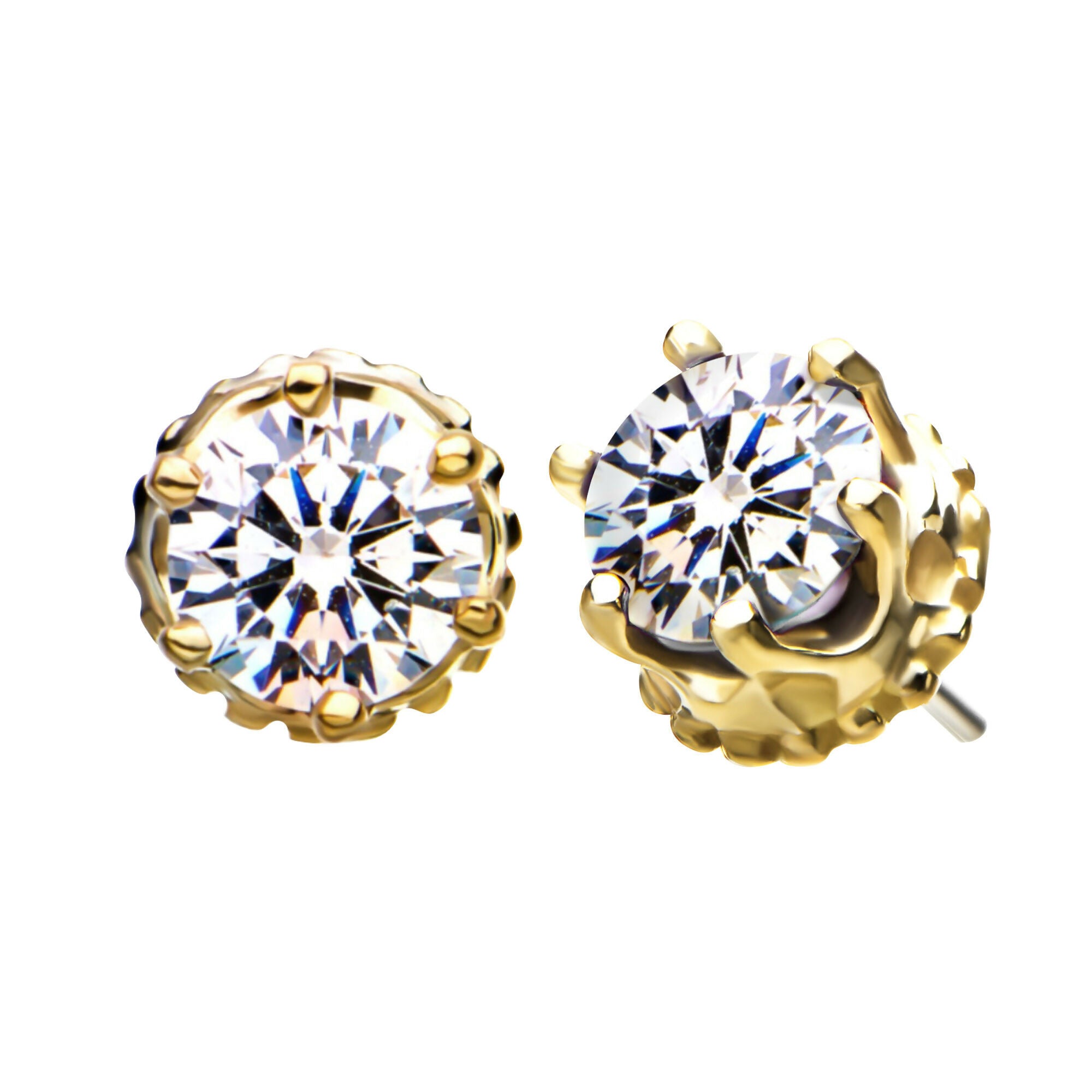Crown Set CZ Gem Flatback Stud Earring / Nosering - CZ in 14Kt Yellow Gold