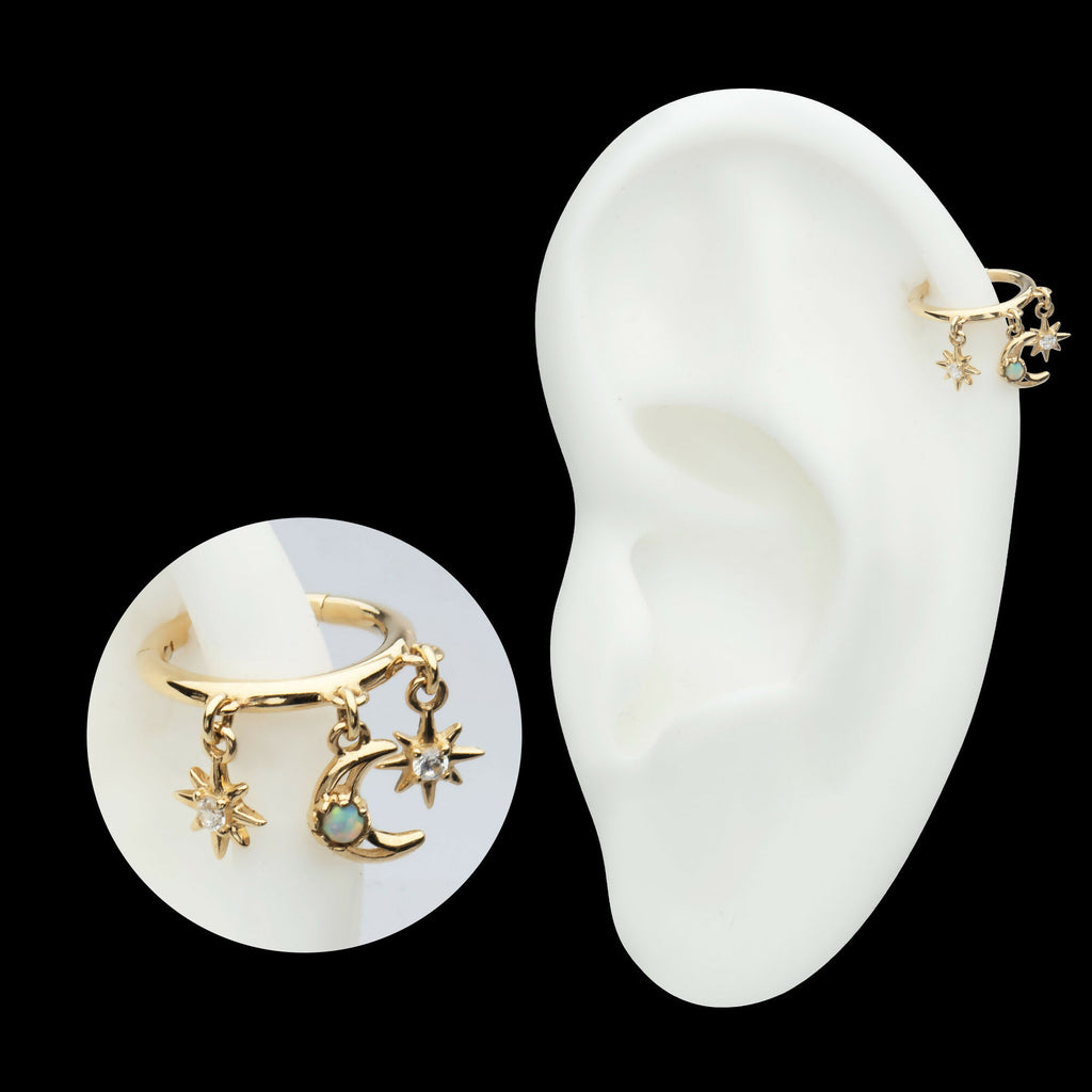 Triple Dangle Charm Clear CZ Stars & Opal Crescent Moon Hinged Segment Clicker Hoop Earring / Nosering – 14Kt Yellow Gold