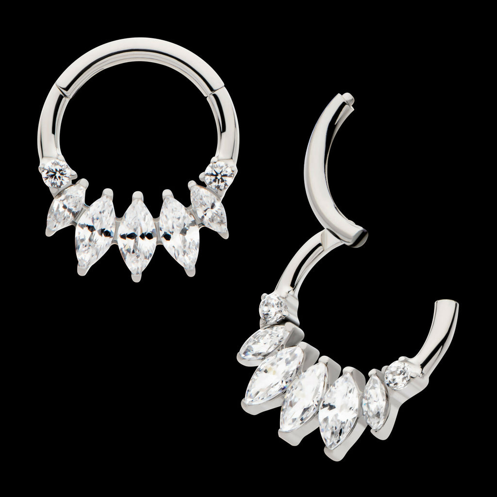 Clustered Prong Set Round & Marquise CZ Front Facing Hinged Segment Clicker Hoop Earring / Nosering – Titanium