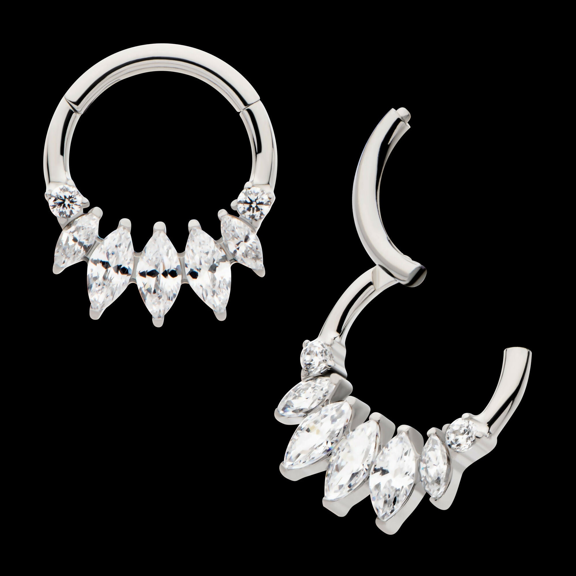Clustered Prong Set Round & Marquise CZ Front Facing Hinged Segment Clicker Hoop Earring / Nosering – Titanium