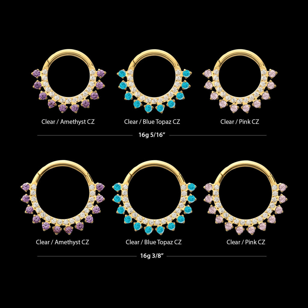 24Kt Gold PVD Titanium Double Row CZ Multi-Gem with Clear CNC Set Inner Gem Front Facing Hinged Segment Clicker Hoop Earring / Nosering