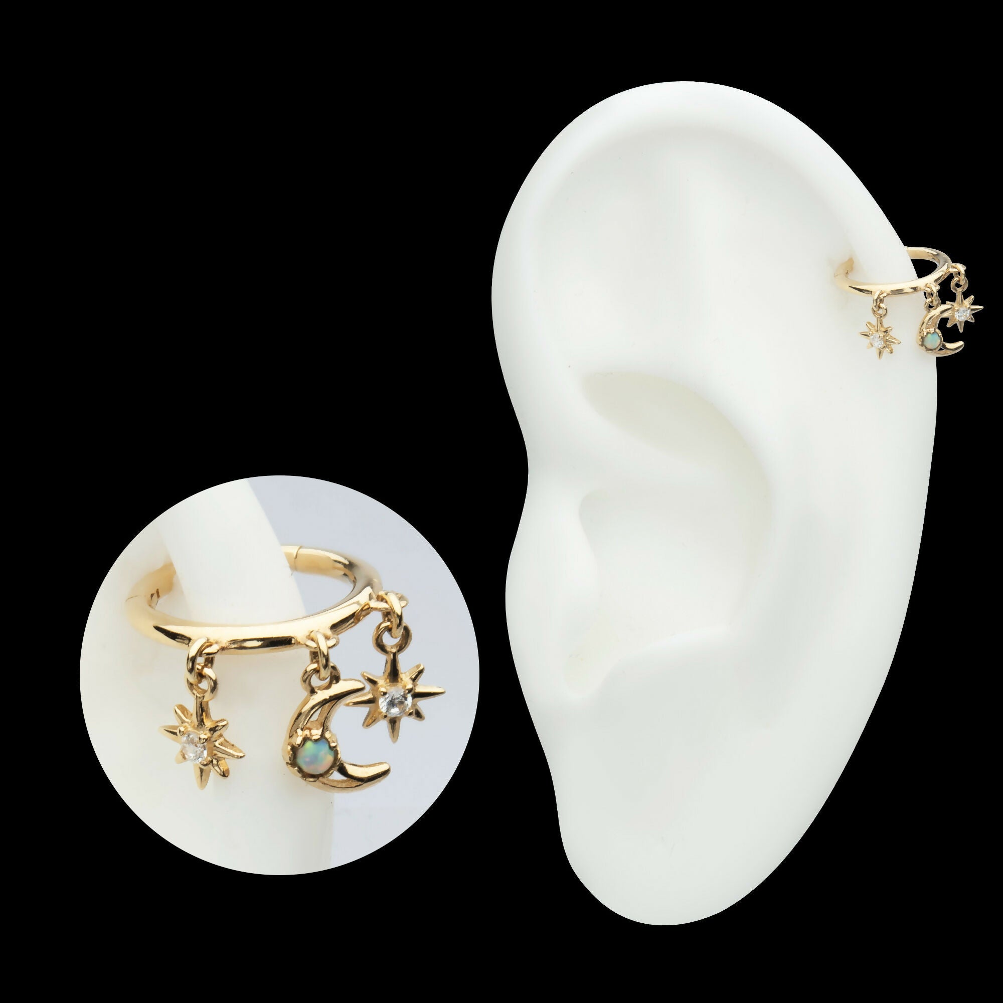 Triple Dangle Charm Clear CZ Stars & Opal Crescent Moon Hinged Segment Clicker Hoop Earring / Nosering – 14Kt Yellow Gold