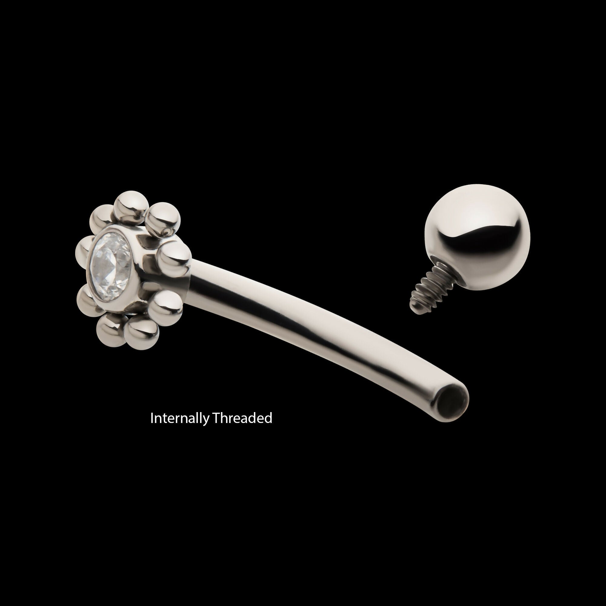 Internally Threaded with Beaded Bezel Set CZ Flower Fixed Top Curved Barbell Earring / Nosering – Titanium