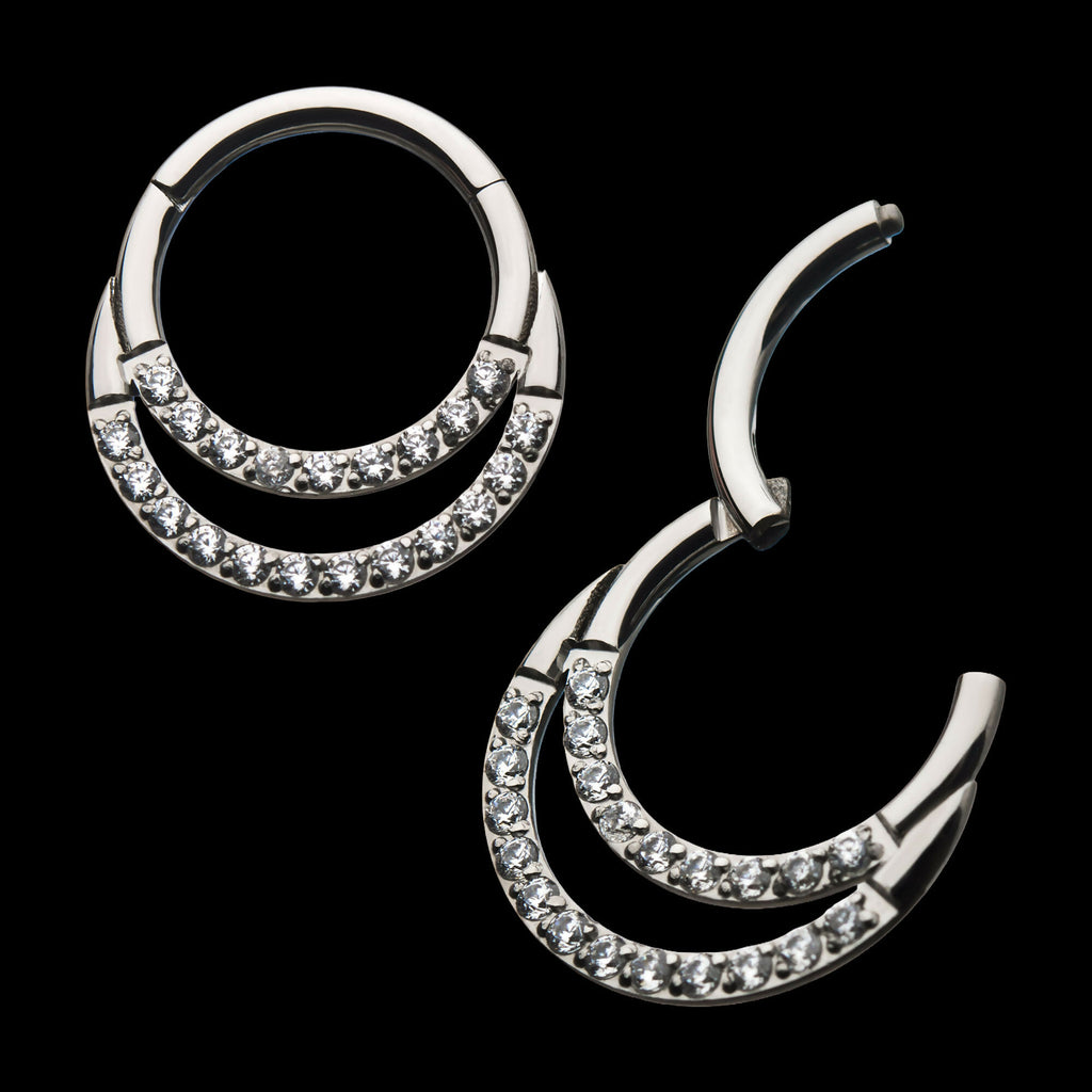 Double Front Full Clear Gem Hinged Segment Clicker Hoop Earring / Nosering – Titanium