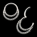 Double Front Full Clear Gem Hinged Segment Clicker Hoop Earring / Nosering – Titanium