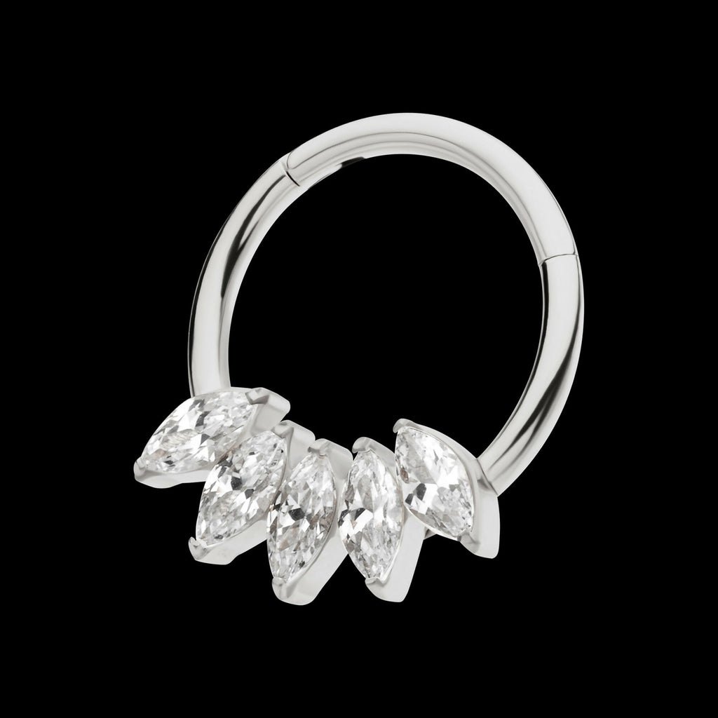 5-Cluster Marquise CZ/Stone Front Facing Hinged Segment Clicker Hoop Earring / Nosering – Titanium