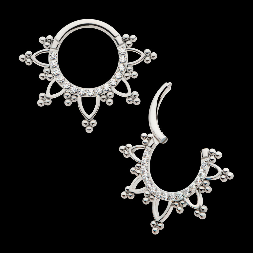 Pave Set Round CZ with Tri Beads Front Facing Hinged Segment Clicker Hoop Earring / Nosering – Titanium