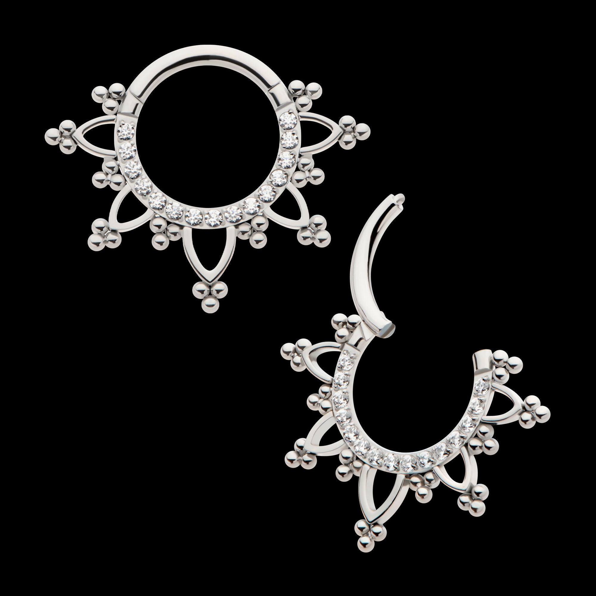 Pave Set Round CZ with Tri Beads Front Facing Hinged Segment Clicker Hoop Earring / Nosering – Titanium