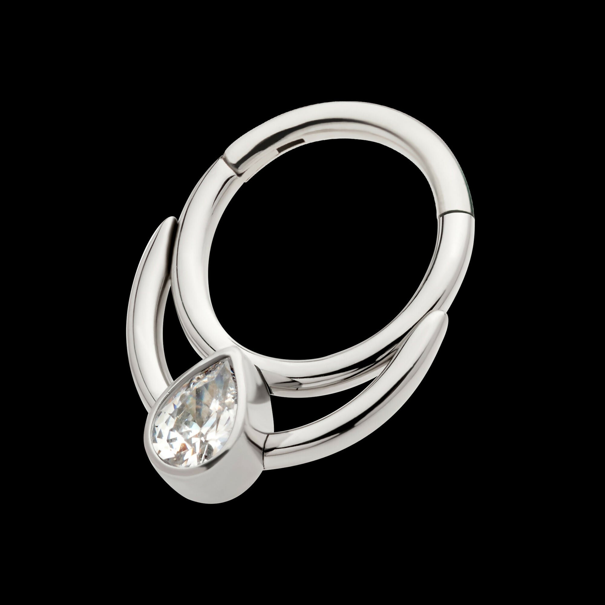 Double Hoop with Pear-Shaped Gem Front Facing Hinged Segment Clicker Earring / Nosering – Titanium