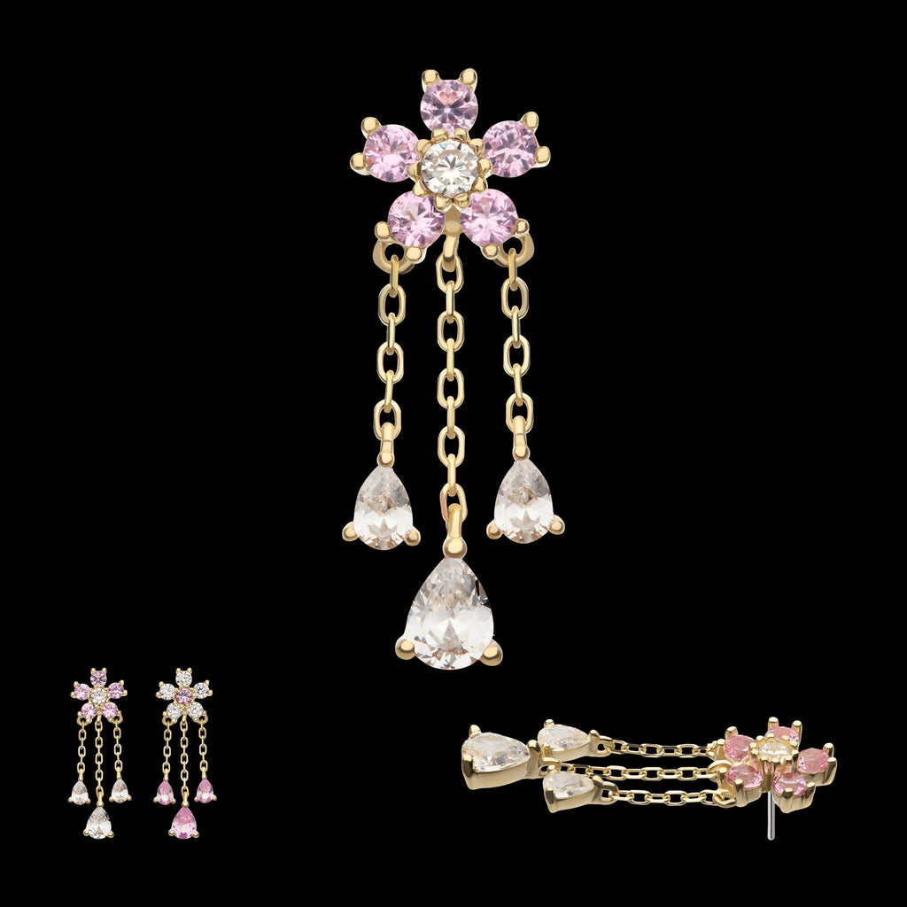 14Kt Yellow Gold Threadless 5-Petal Prong Set Gem Cherry Blossom Flower Top with Triple Teardrop Dangle