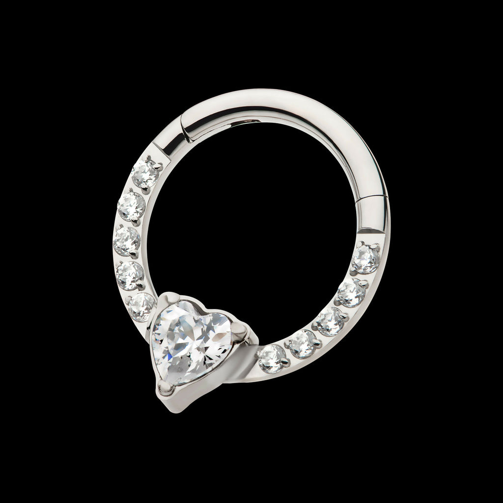 1mm CNC Set Full Clear CZ & Big Heart CZ Front Facing Hinged Segment Clicker Hoop Earring / Nosering – Titanium