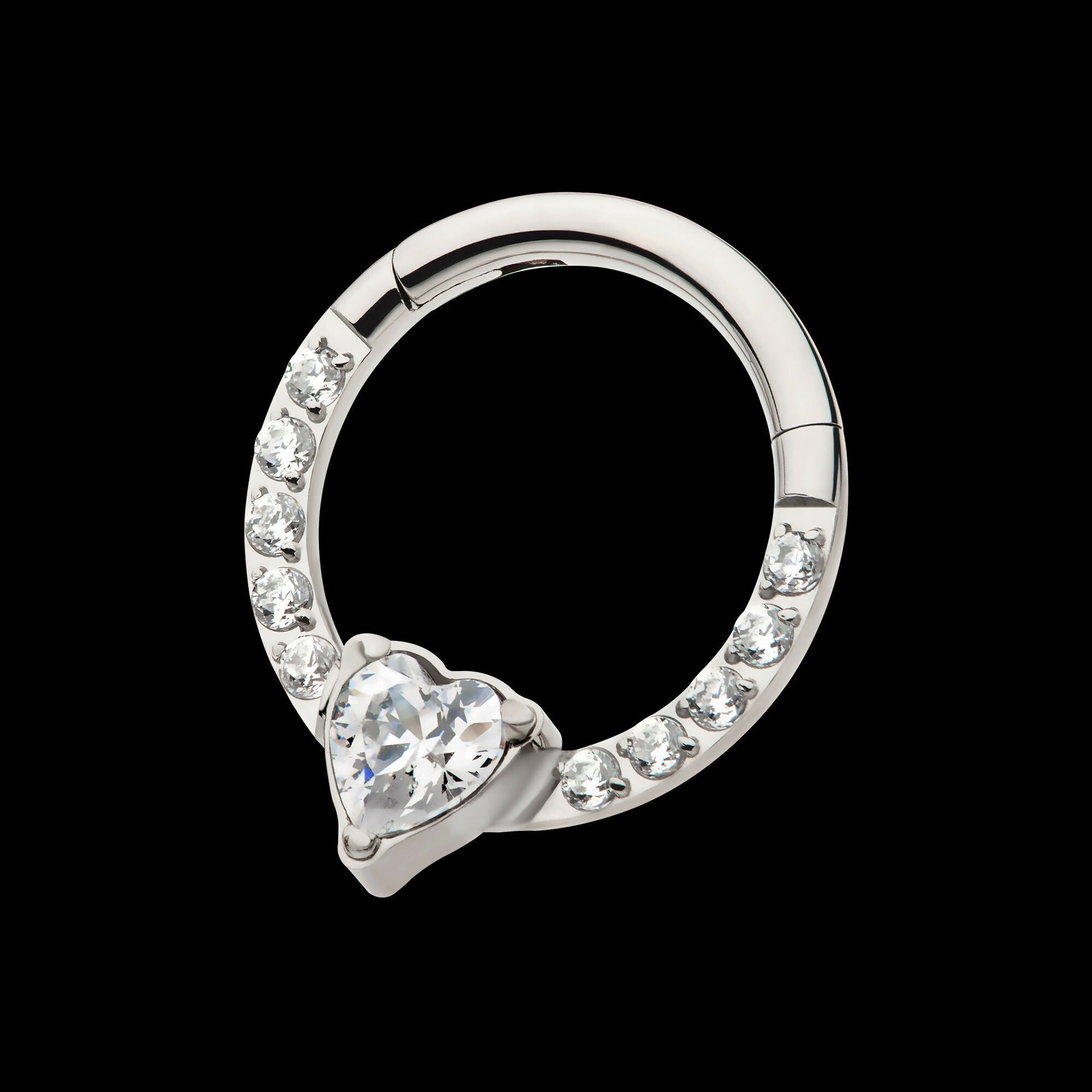 1mm CNC Set Full Clear CZ & Big Heart CZ Front Facing Hinged Segment Clicker Hoop Earring / Nosering – Titanium