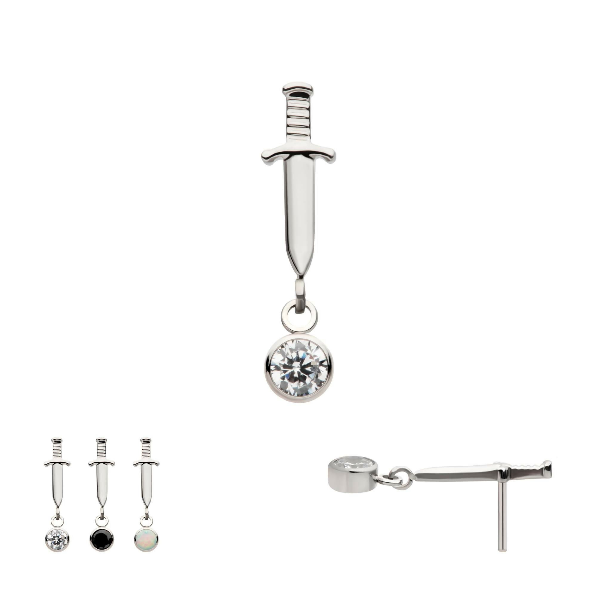Dangle Bezel Round Gem Dagger Flatback Stud Earring / Nosering - Gem in Titanium