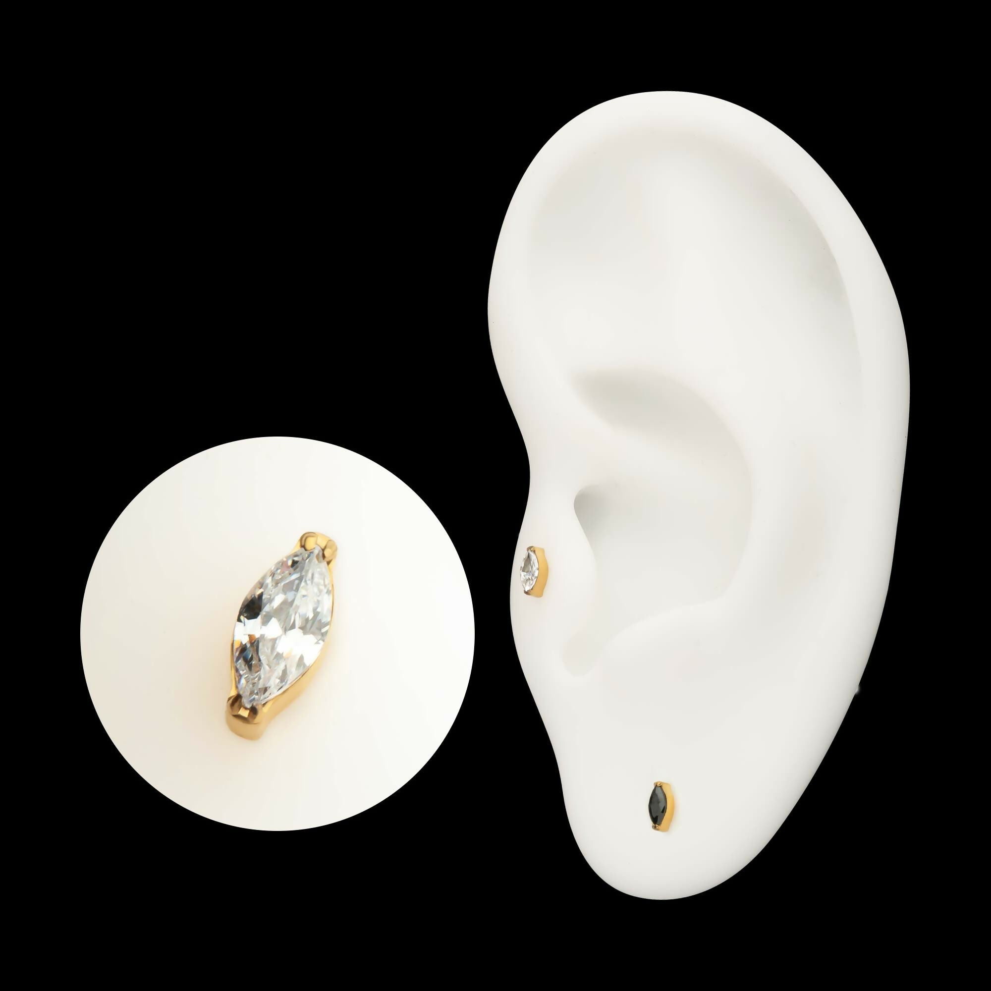 24Kt Gold PVD Titanium Threadless Double V-Prong Marquise CZ Gem Top