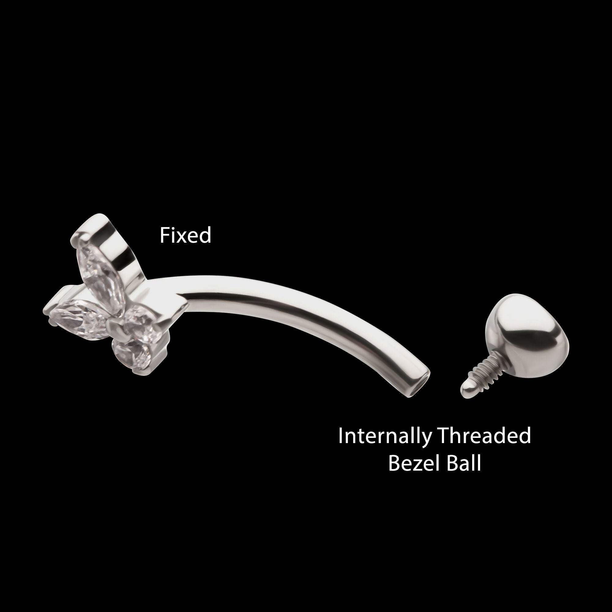 Internally Threaded Butterfly Fixed Top Curved Barbell with Prong Set Marquise & Round Gem Earring / Nosering – Titanium