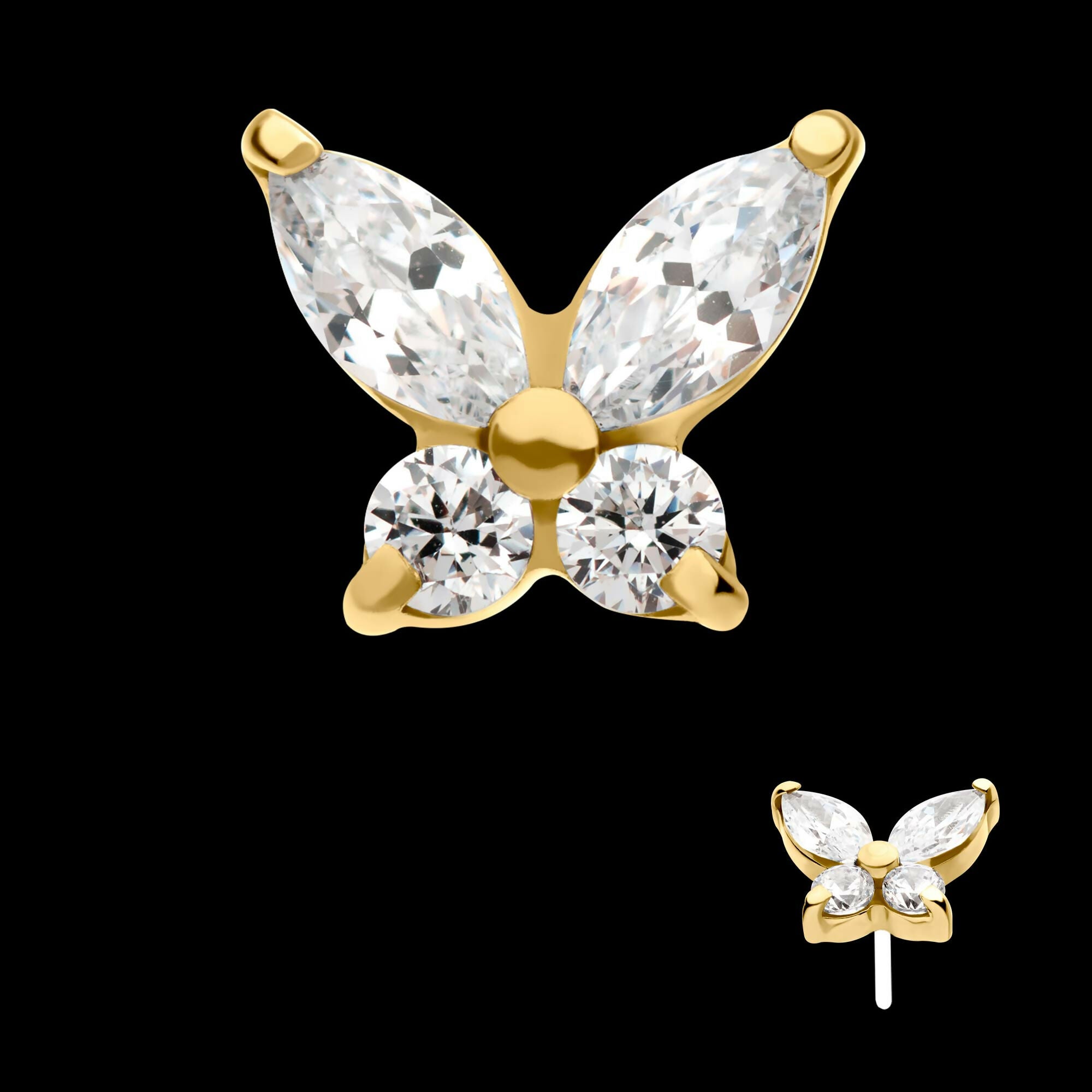 24Kt Gold PVD Titanium Threadless Prong Set Marquise & Round CZ Butterfly Top