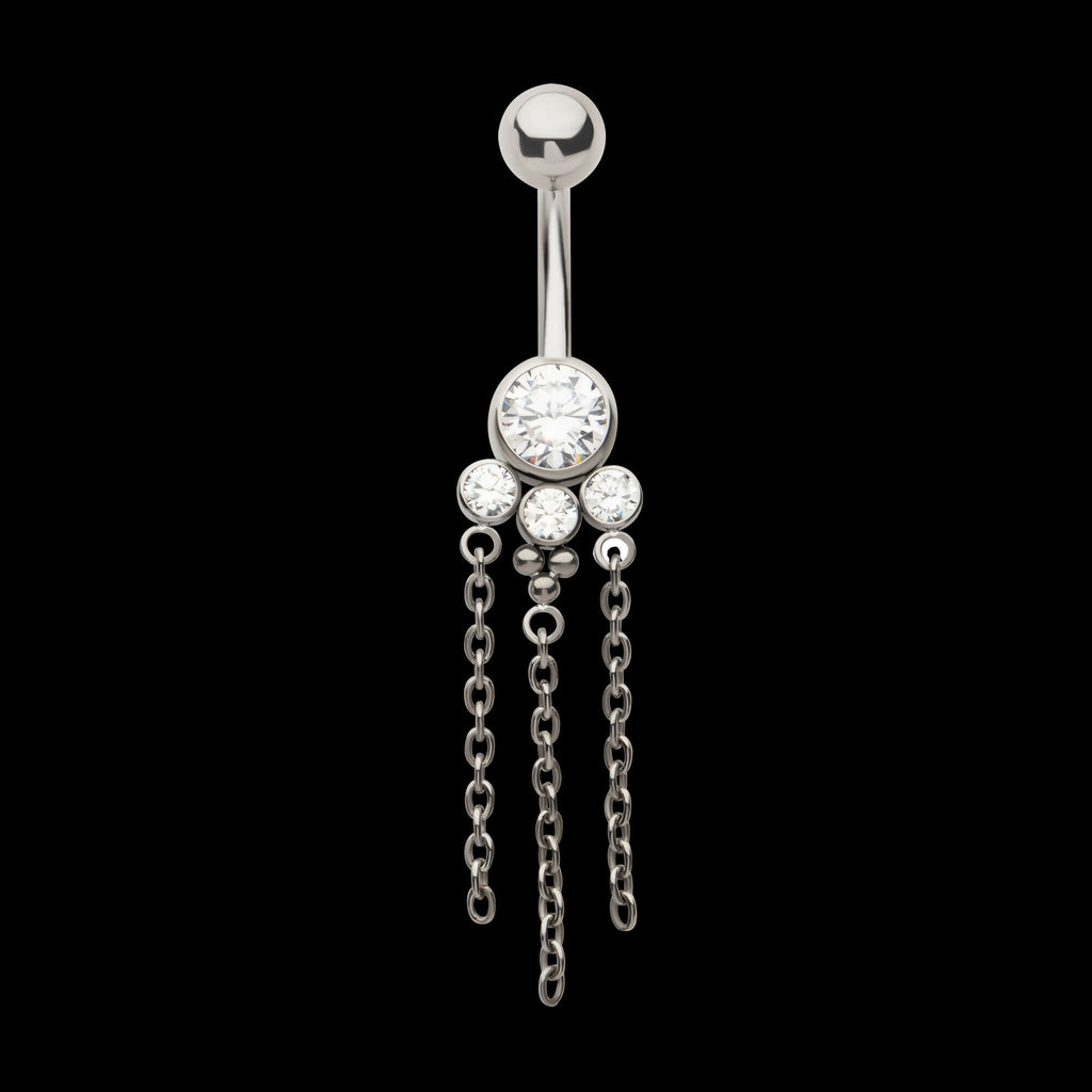 Internally Threaded Bezel Set Round Gem Cluster Navel with Tri-Bead and Triple Chain Dangle Earring / Nosering – Titanium