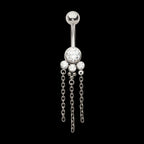 Internally Threaded Bezel Set Round Gem Cluster Navel with Tri-Bead and Triple Chain Dangle Earring / Nosering – Titanium