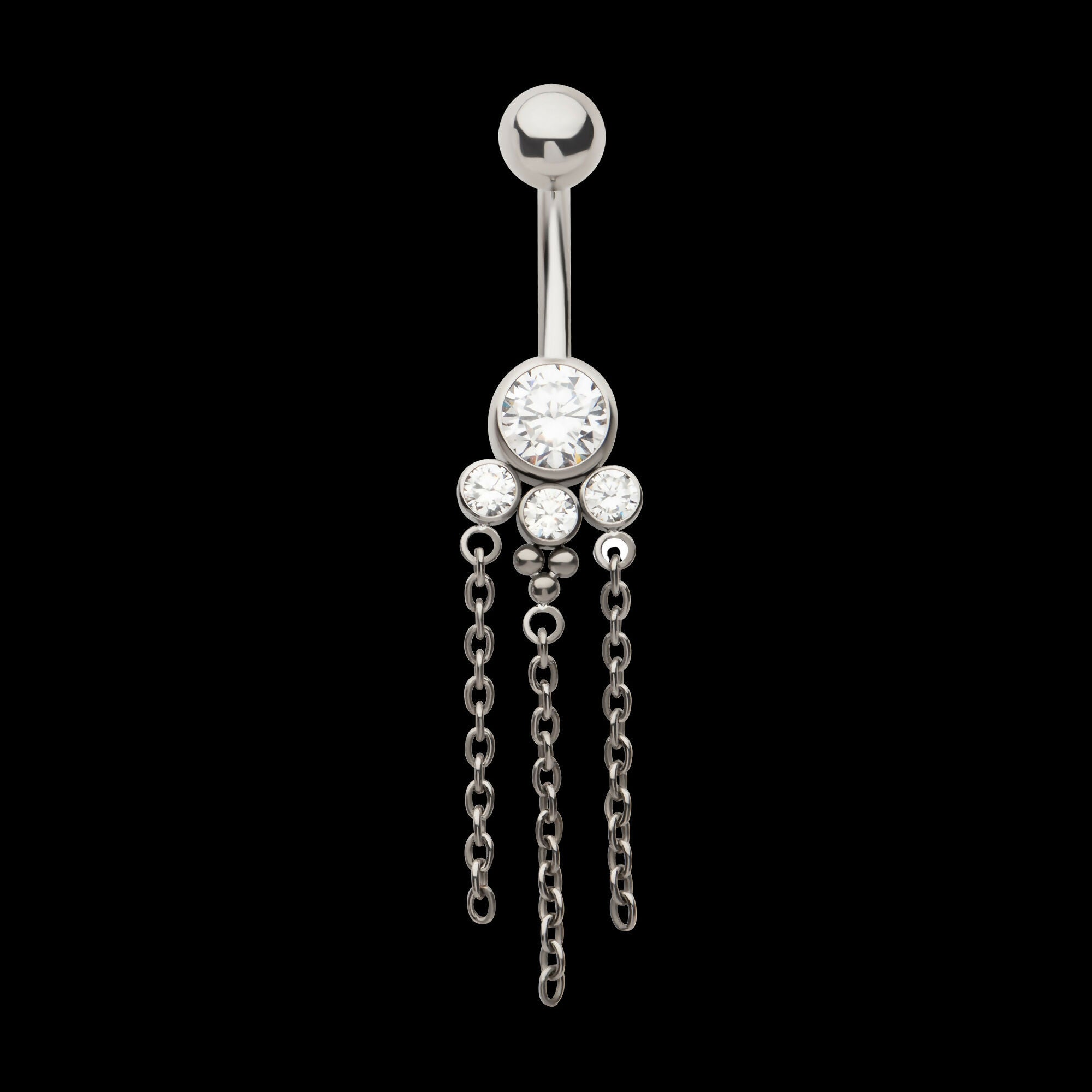Internally Threaded Bezel Set Round Gem Cluster Navel with Tri-Bead and Triple Chain Dangle Earring / Nosering – Titanium