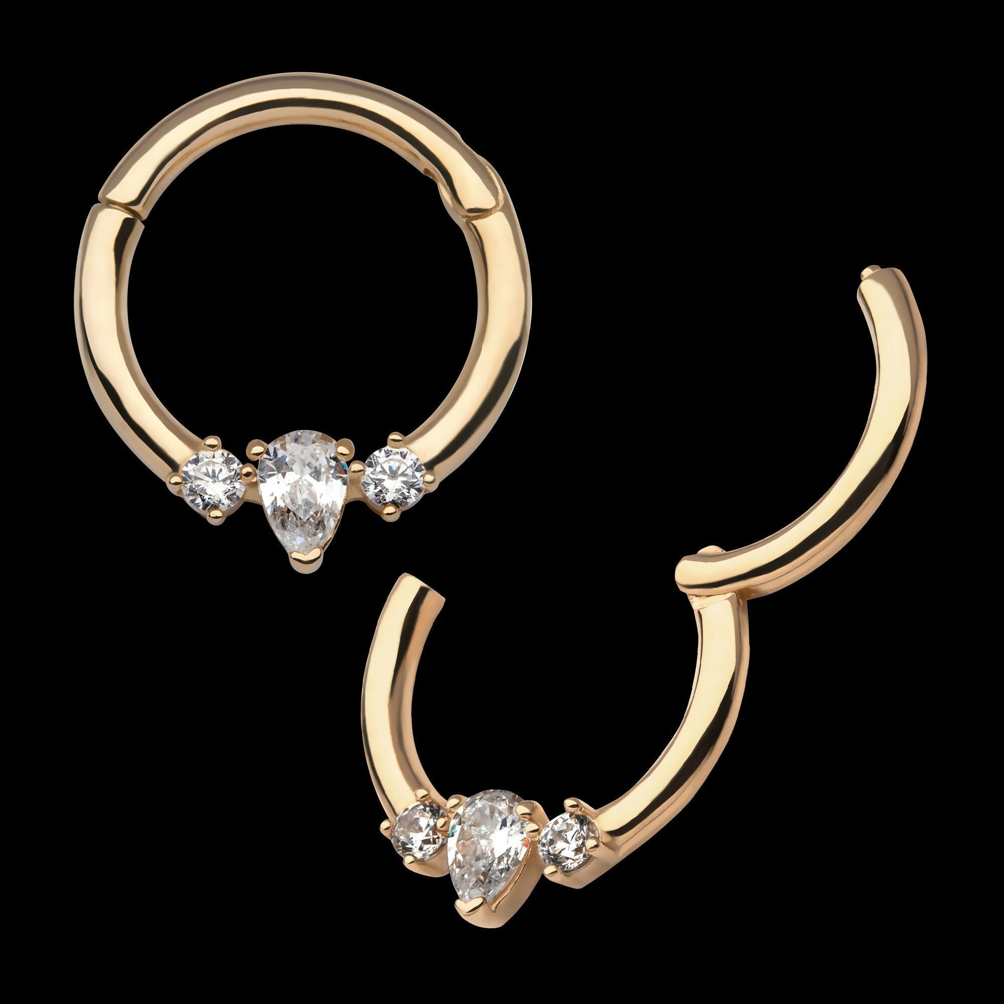 3-Cluster Prong Set Marquise & Round Clear CZ Front Facing Hinged Segment Clicker Hoop Earring / Nosering – 14Kt Yellow Gold
