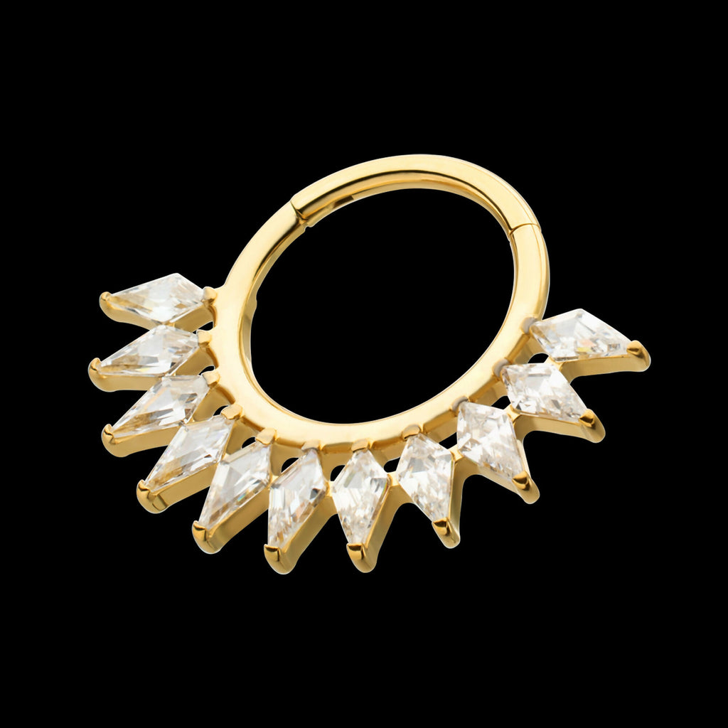 24Kt Gold PVD Titanium Kite Shape Gem Cluster Fan Front Facing Hinged Segment Clicker Hoop Earring / Nosering