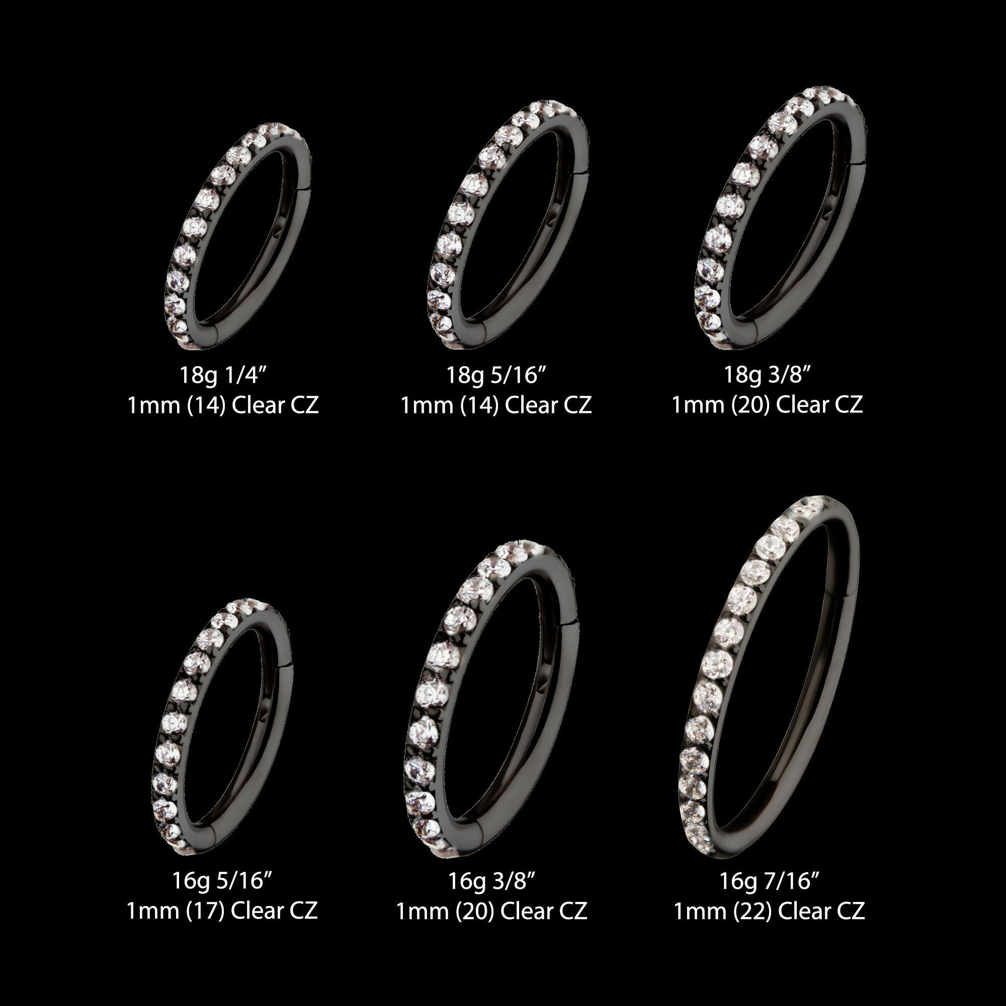 Black PVD Titanium CNC Set Clear CZ Eternity Side Facing Hinged Segment Clicker Hoop Earring / Nosering
