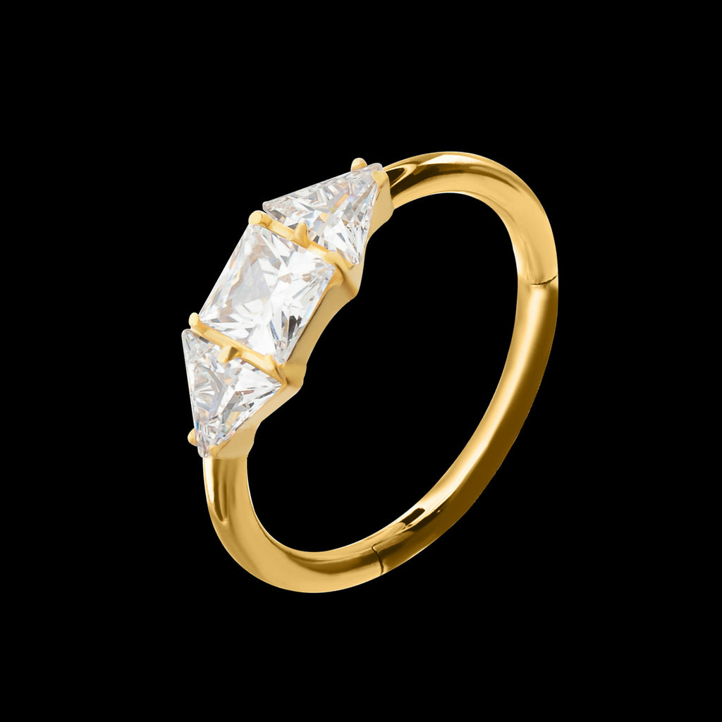 24Kt Gold PVD Titanium Linear Princess & Round Trio Gem Side Facing Hinged Segment Clickers Hoop Earring / Nosering