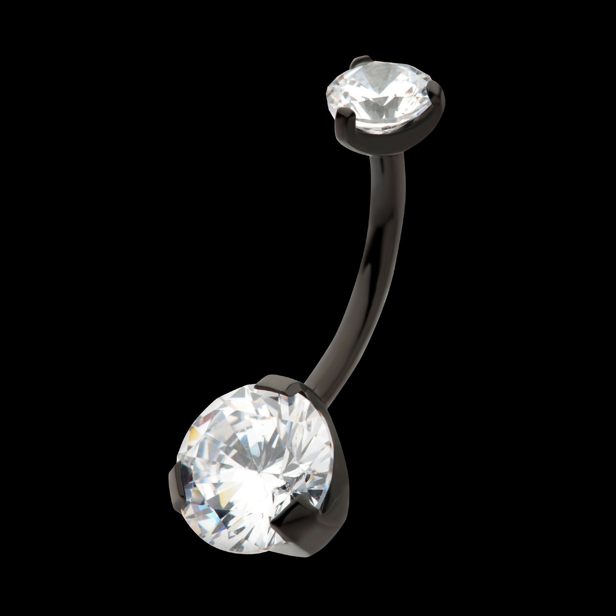 Black PVD Titanium Internally Threaded Prong Set Double CZ Fixed Bottom Navel Ring Earring / Nosering