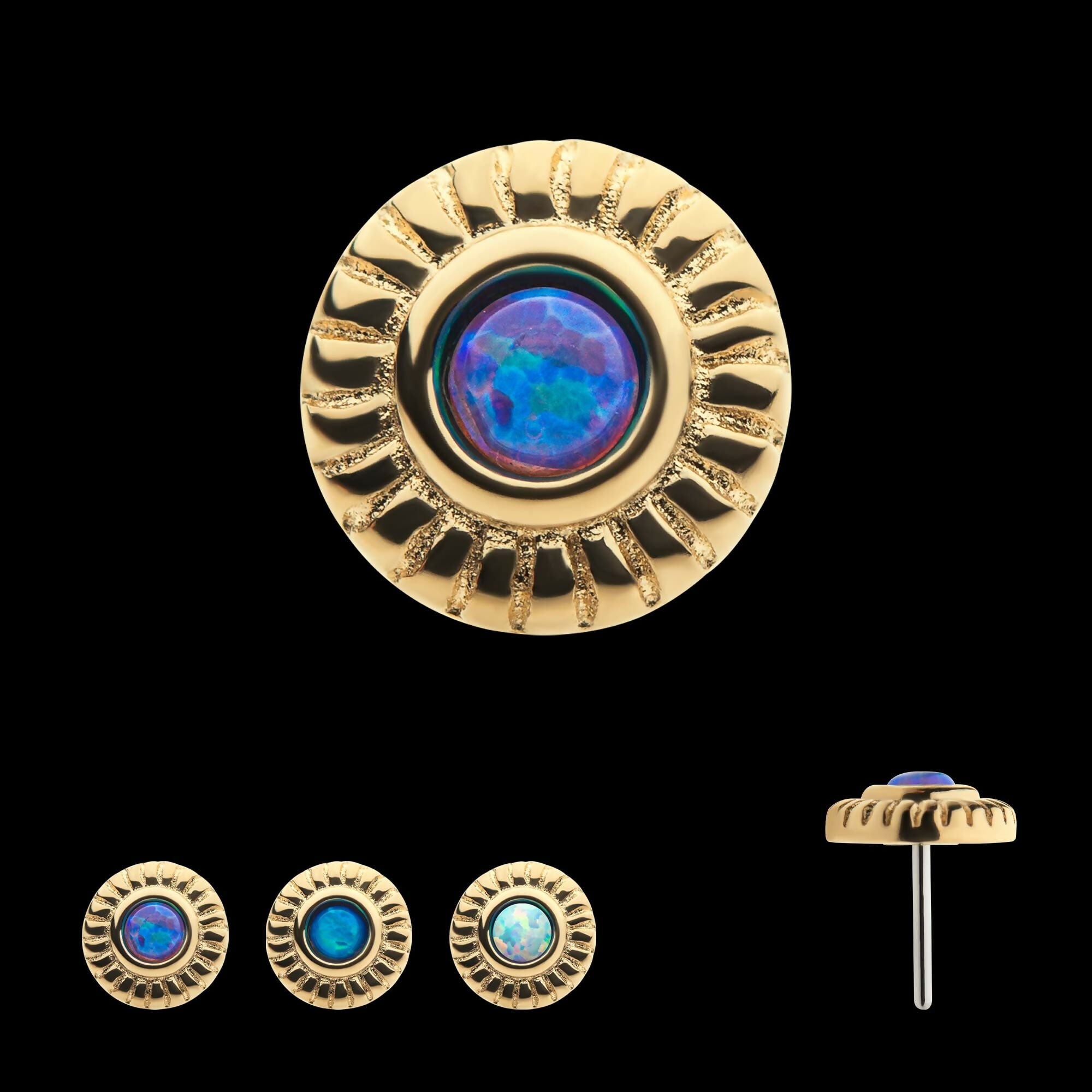 14Kt Yellow Gold Threadless with Bezel Set Synthetic Opal Fine Line Scalloped Edge Top