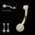 14Kt Gold Internally Threaded Multi Clear CZ Flower Shape Fixed Bottom Navel