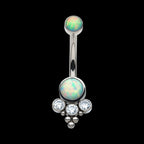 Internally Threaded with Tri Bead Bezel Set Opal & CZ Terraced Cluster Navel Curve Earring / Nosering – Titanium