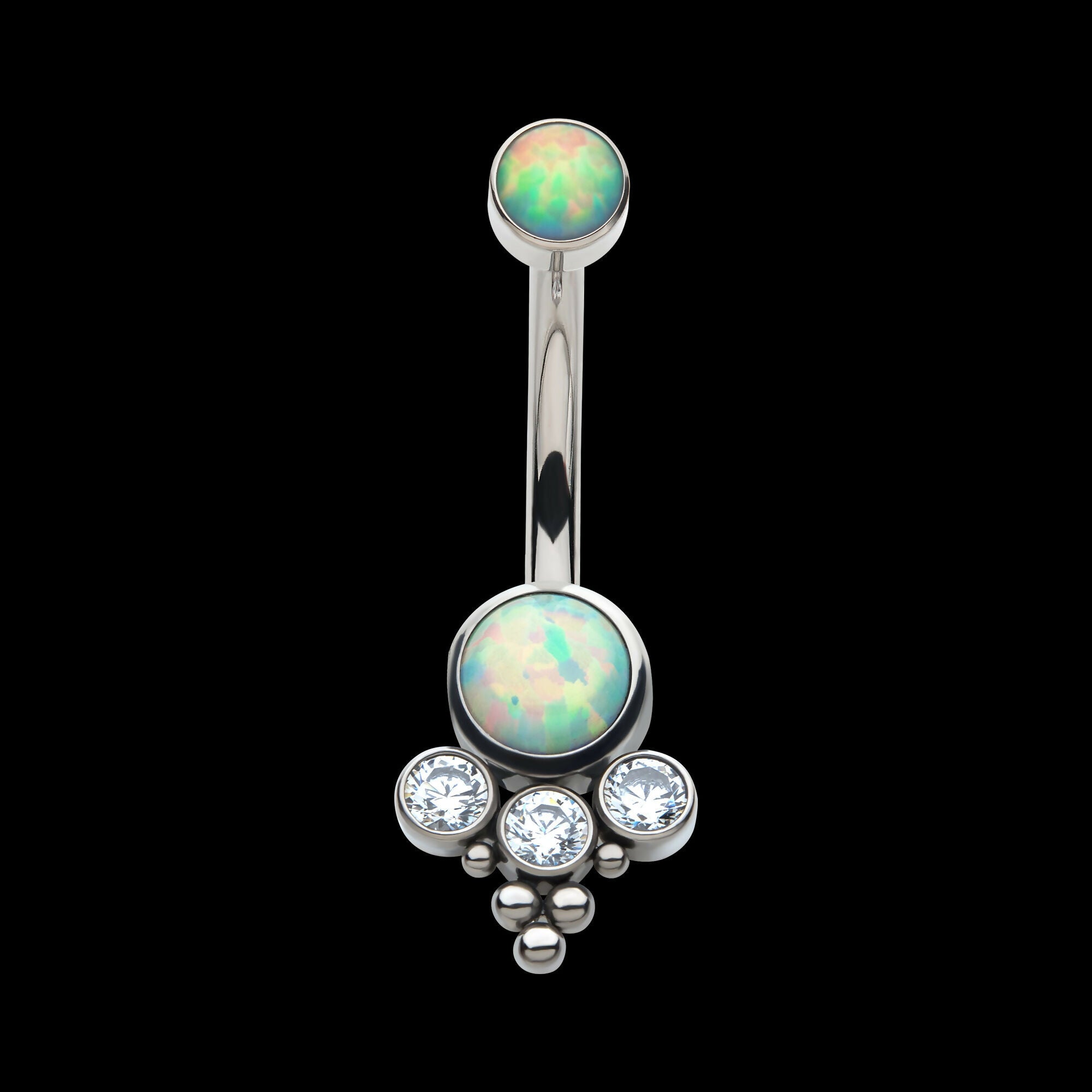 Internally Threaded with Tri Bead Bezel Set Opal & CZ Terraced Cluster Navel Curve Earring / Nosering – Titanium