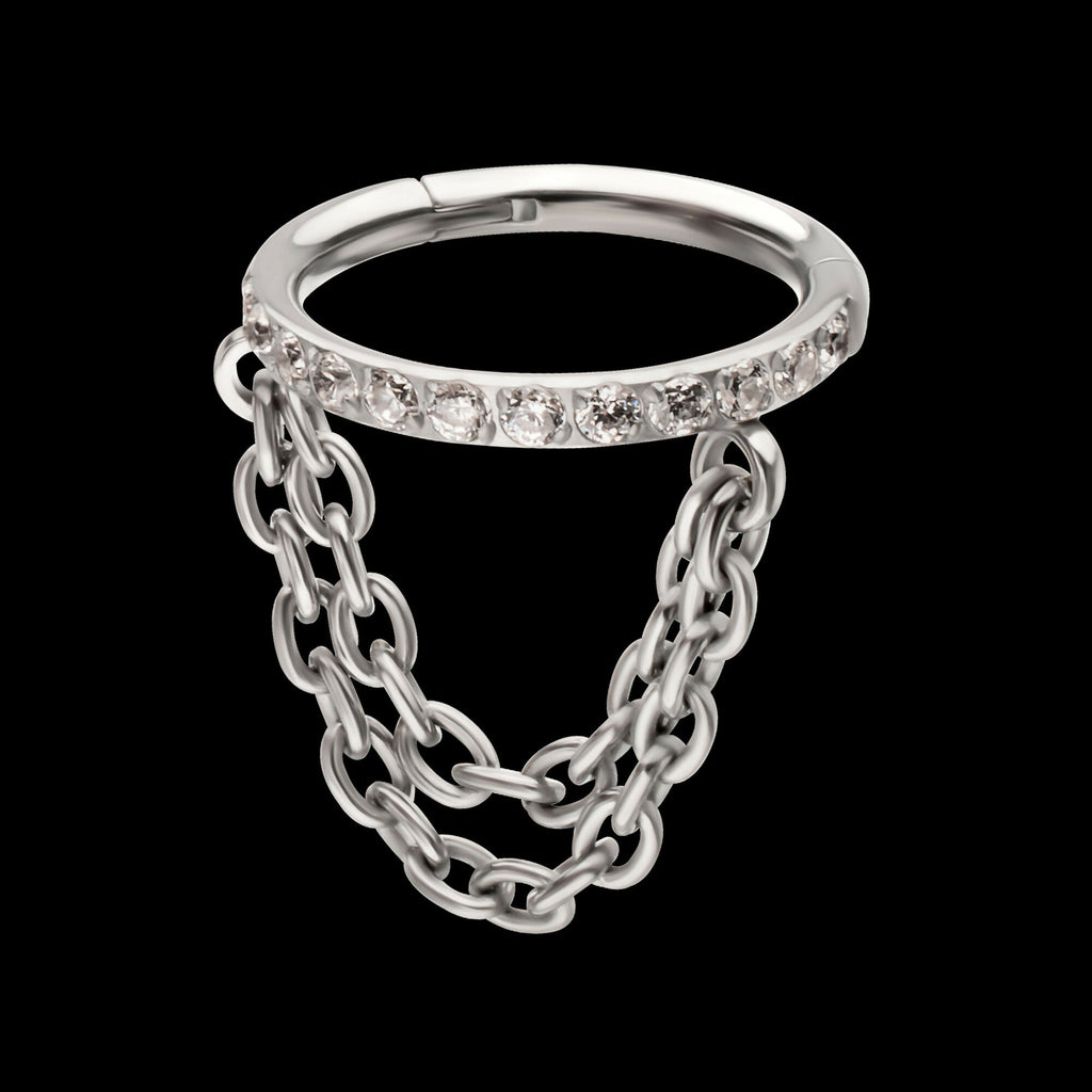 Pave Gem Hoop with 2-Tier Chain Dangle Hinged Segment Clicker Earring / Nosering – Titanium