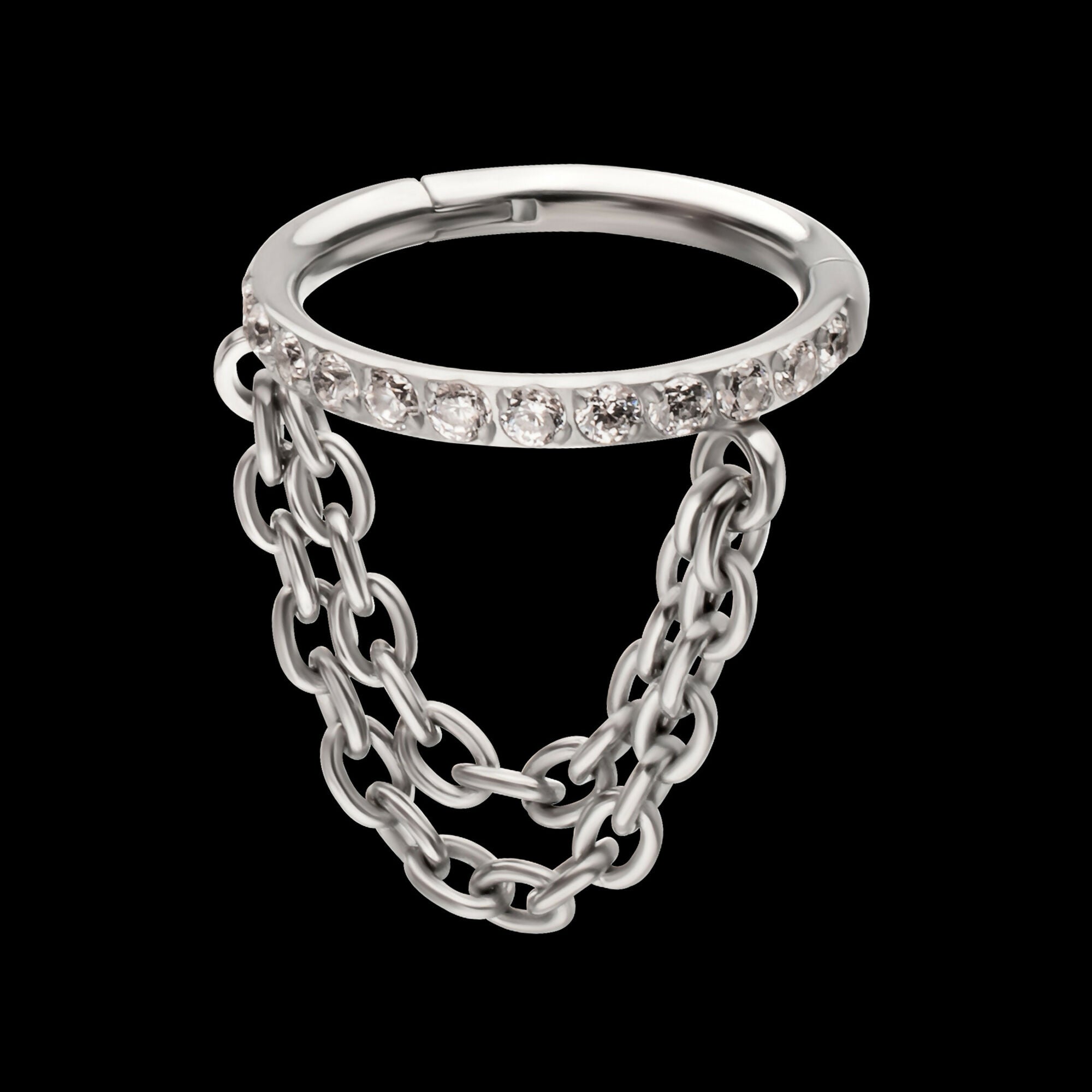 Pave Gem Hoop with 2-Tier Chain Dangle Hinged Segment Clicker Earring / Nosering – Titanium