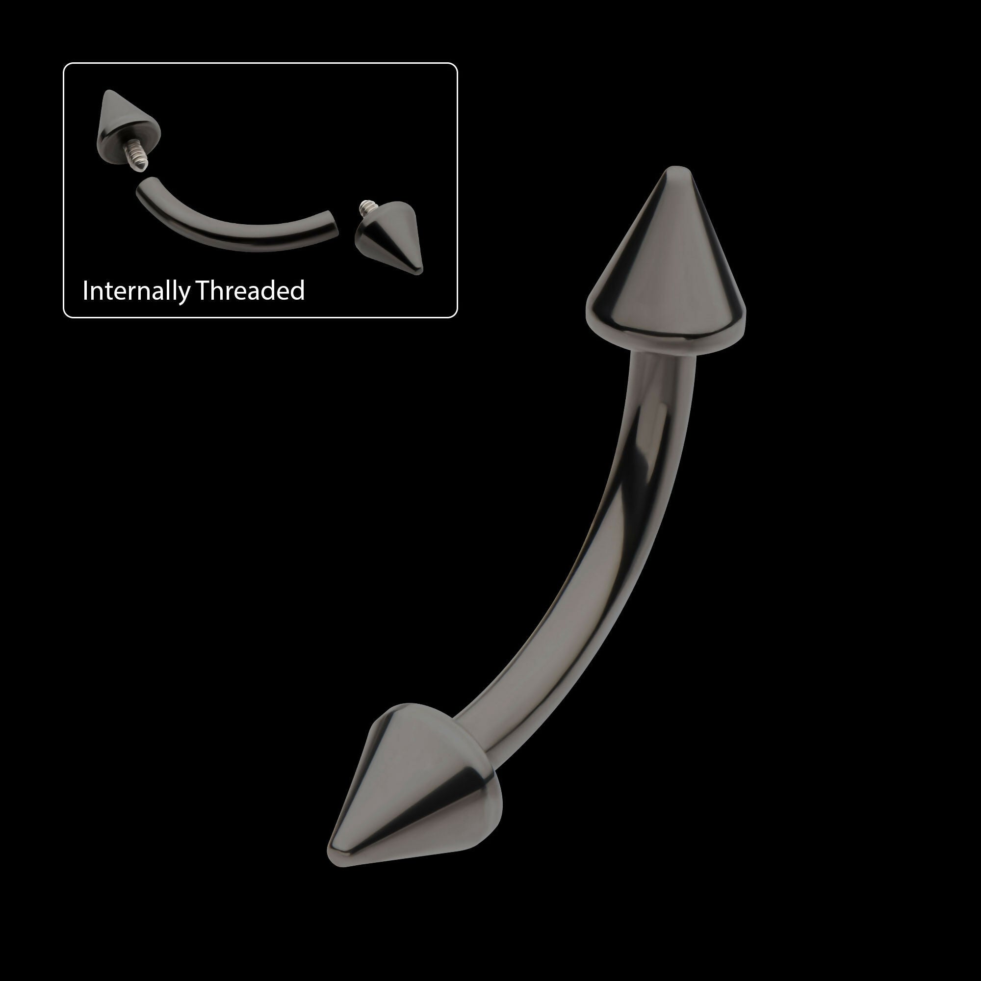 Black PVD Titanium Internally Threaded Spike End Curved Barbell Earring / Nosering