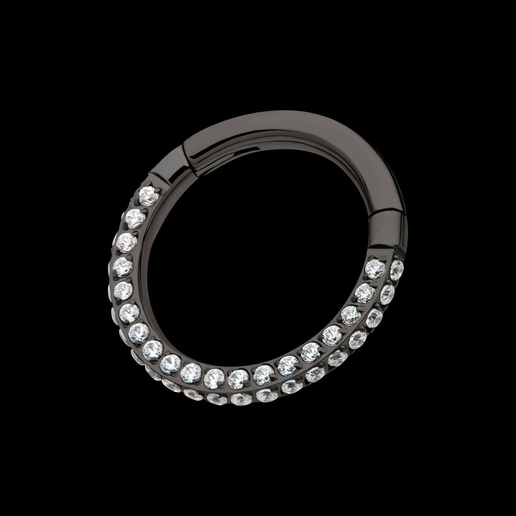 Black PVD Titanium 3 Row Pave Set 0.8mm Round Gem Hinged Segment Clicker Hoop Earring / Nosering