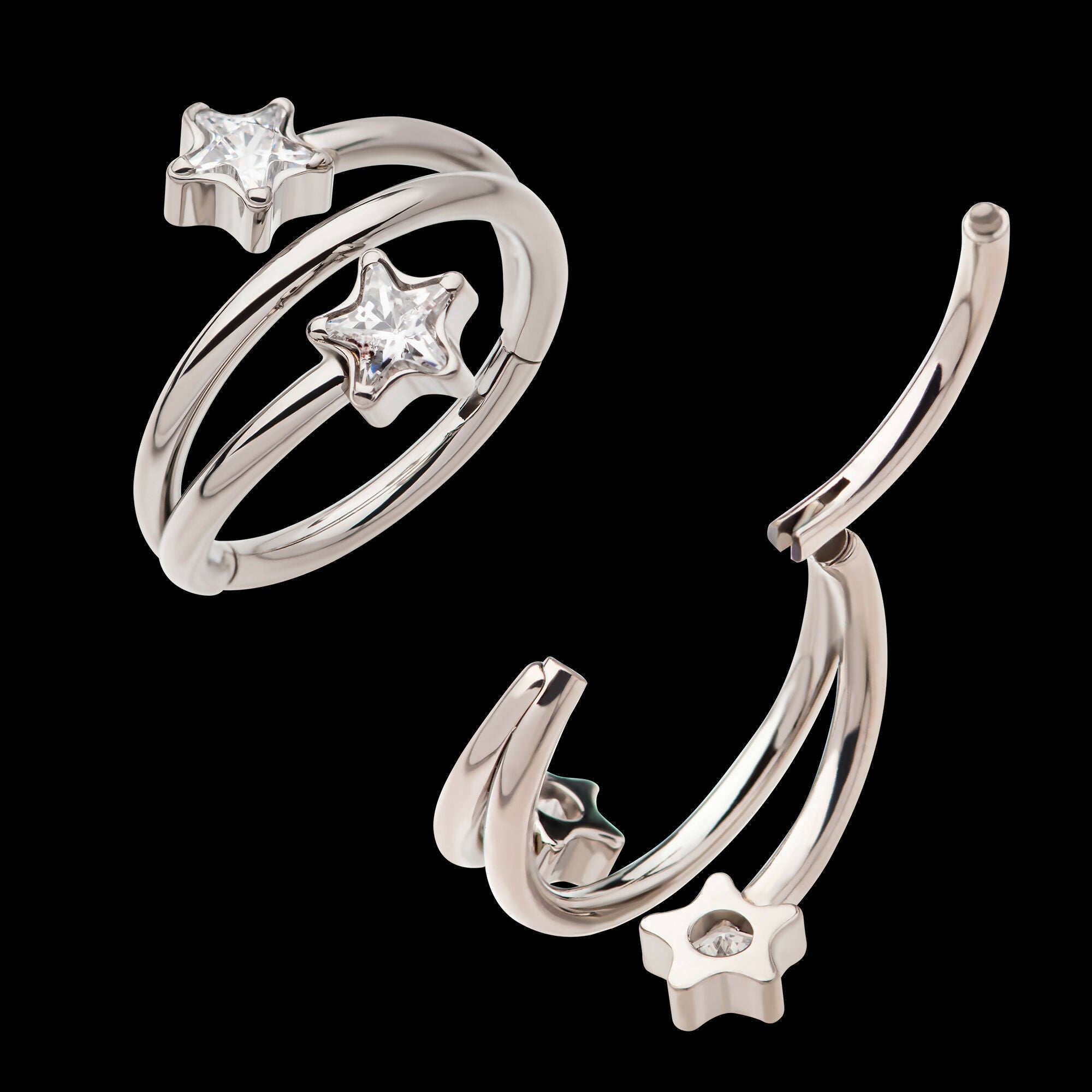 Double Ended Twist Side Facing Hinged Segment Clicker with Star CZ Hoop Earring / Nosering – Titanium