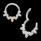 Clustered Hammered 3-Petal Flower Front Facing Hinged Segment Clicker Hoop Earring / Nosering – Titanium