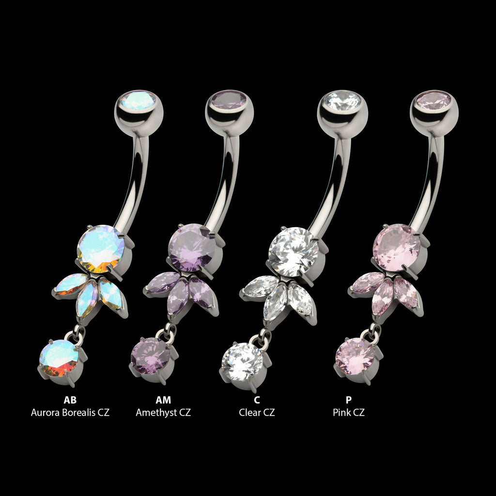 Internally Threaded Prong Set Round and Triple Marquise Gem Fan Navel with Round Gem Dangle Earring / Nosering – Titanium