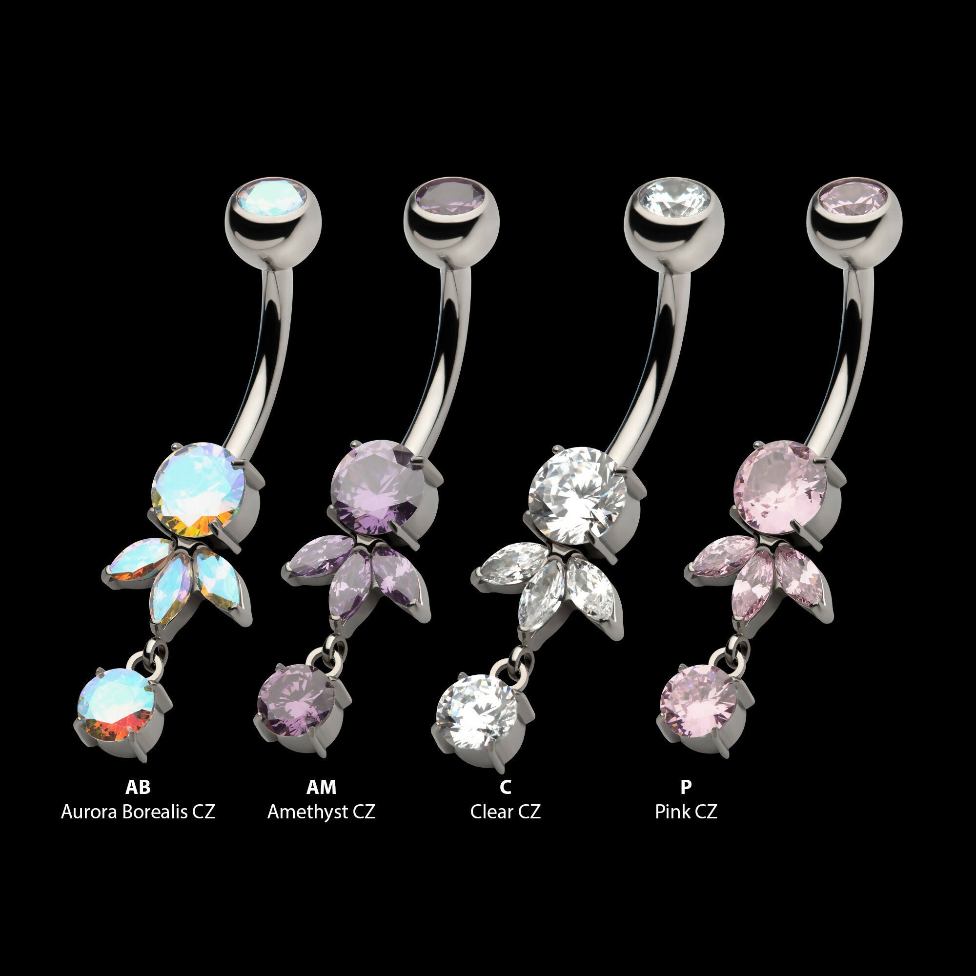 Internally Threaded Prong Set Round and Triple Marquise Gem Fan Navel with Round Gem Dangle Earring / Nosering – Titanium