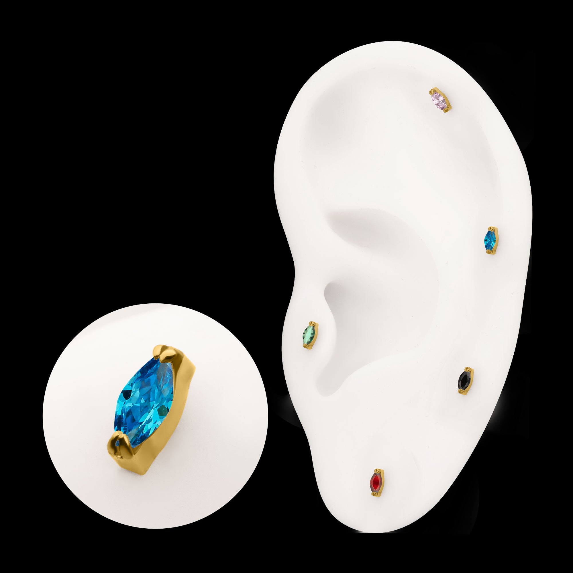 Double V-Prong 3mm Marquise CZ Gem Flatback Stud Earring / Nosering - CZ in 24Kt Gold PVD Titanium