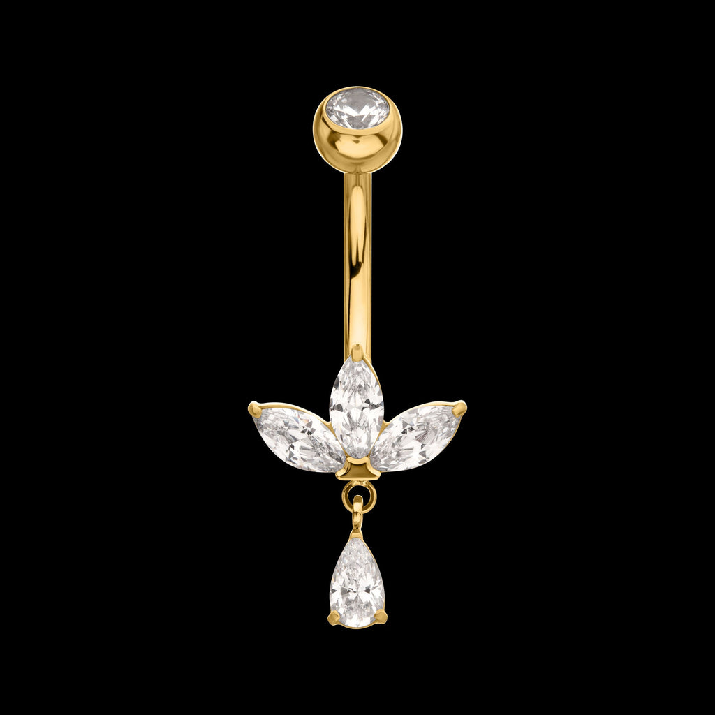 Triple Marquise Gem Fan Navel Jewelry / Belly Button Ring with Floating Teardrop Dangle – 24Kt Gold PVD Titanium