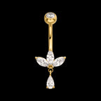 Triple Marquise Gem Fan Navel Jewelry / Belly Button Ring with Floating Teardrop Dangle – 24Kt Gold PVD Titanium