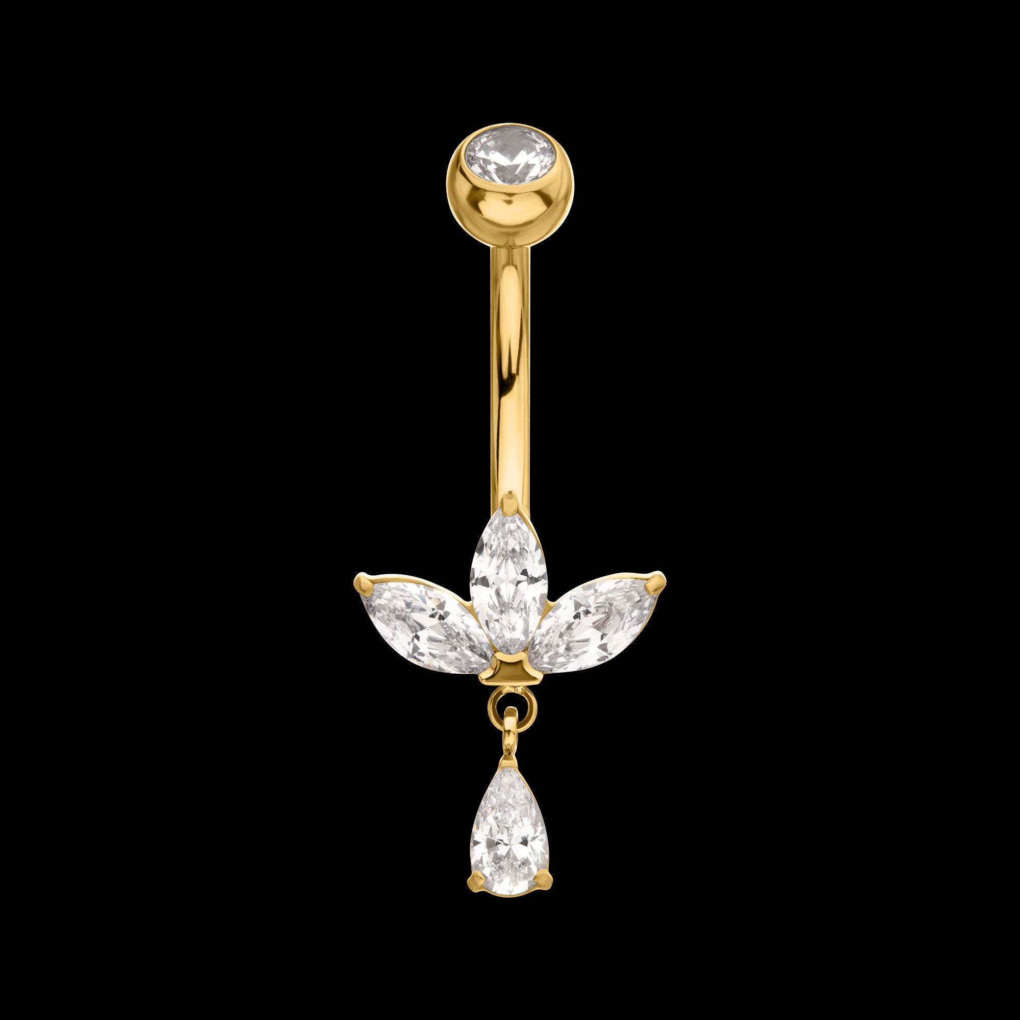 Triple Marquise Gem Fan Navel Jewelry / Belly Button Ring with Floating Teardrop Dangle – 24Kt Gold PVD Titanium