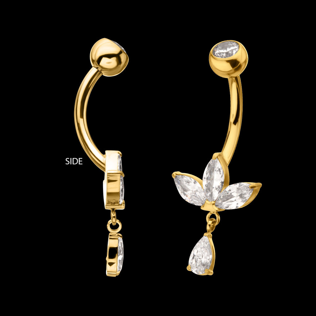 Triple Marquise Gem Fan Navel Jewelry / Belly Button Ring with Floating Teardrop Dangle – 24Kt Gold PVD Titanium