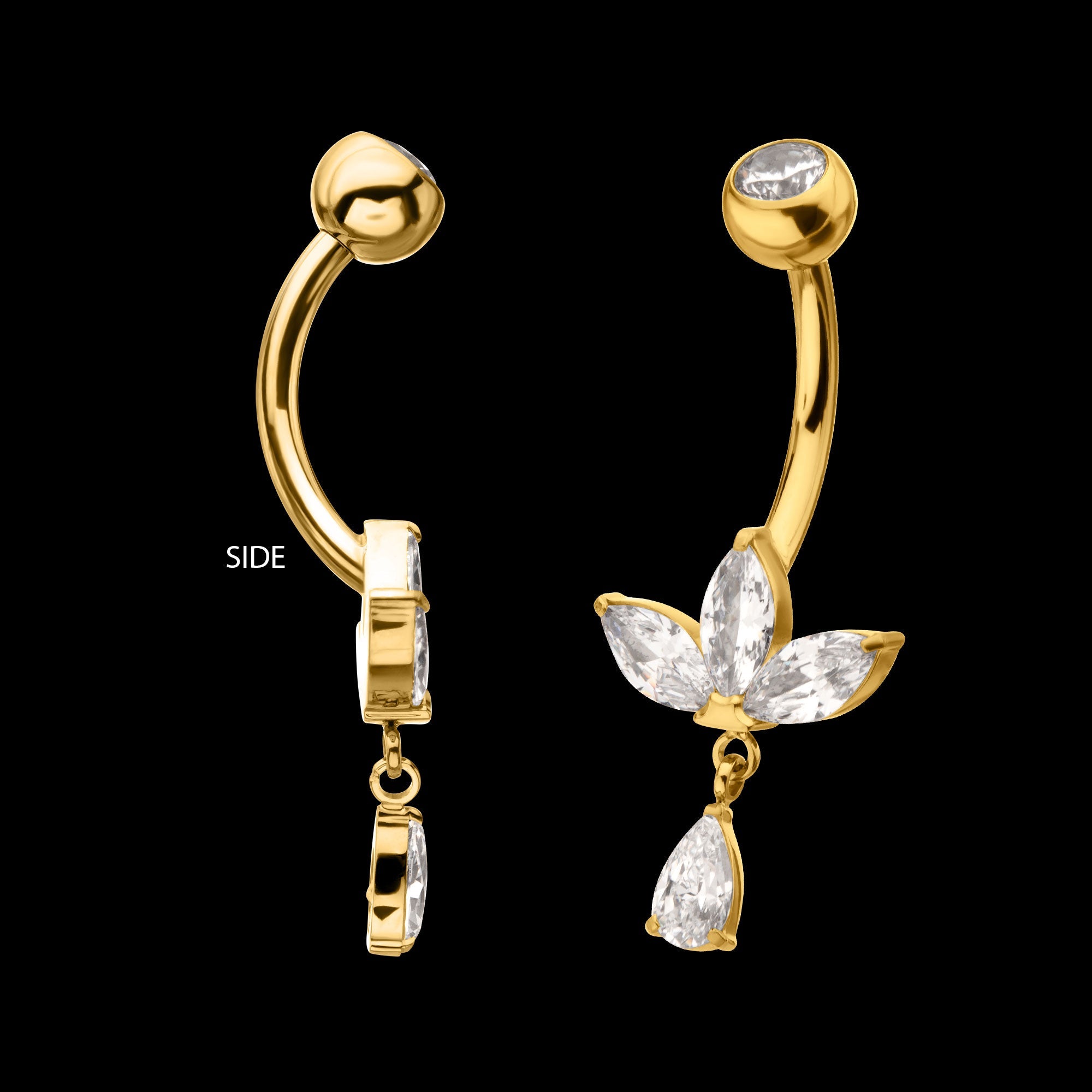 Triple Marquise Gem Fan Navel Jewelry / Belly Button Ring with Floating Teardrop Dangle – 24Kt Gold PVD Titanium